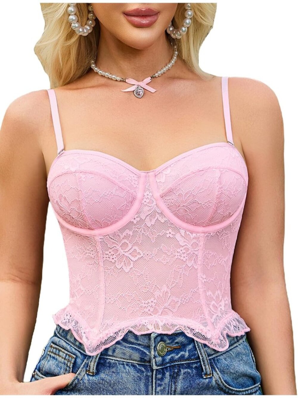 Women's Pink Hook and Eye Underwire Lace Sweetheart Bustier Cami Corset Top